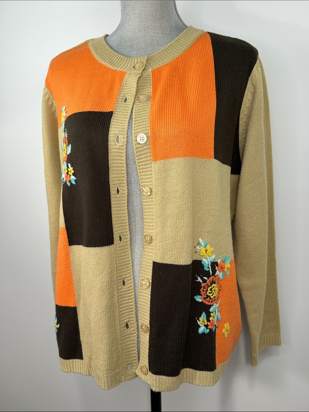 Vintage BFA Classics Beige Orange Brown Colorblock Embroidered Cardigan Sweater